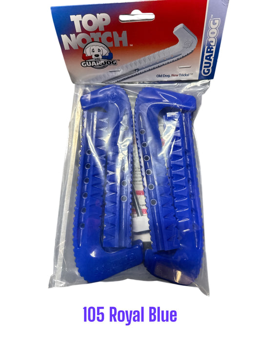 Royal Blue Hard plastic Centi skate guards in a 2-piece adjustable design for hockey skates