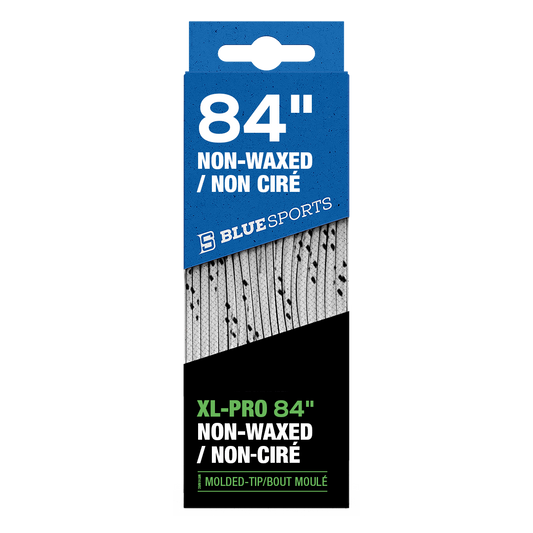 A pair of Blue Sports XL Pro Waxed Hockey Laces in packaging, designed for durable, high-performance skate lacing. White/Black.