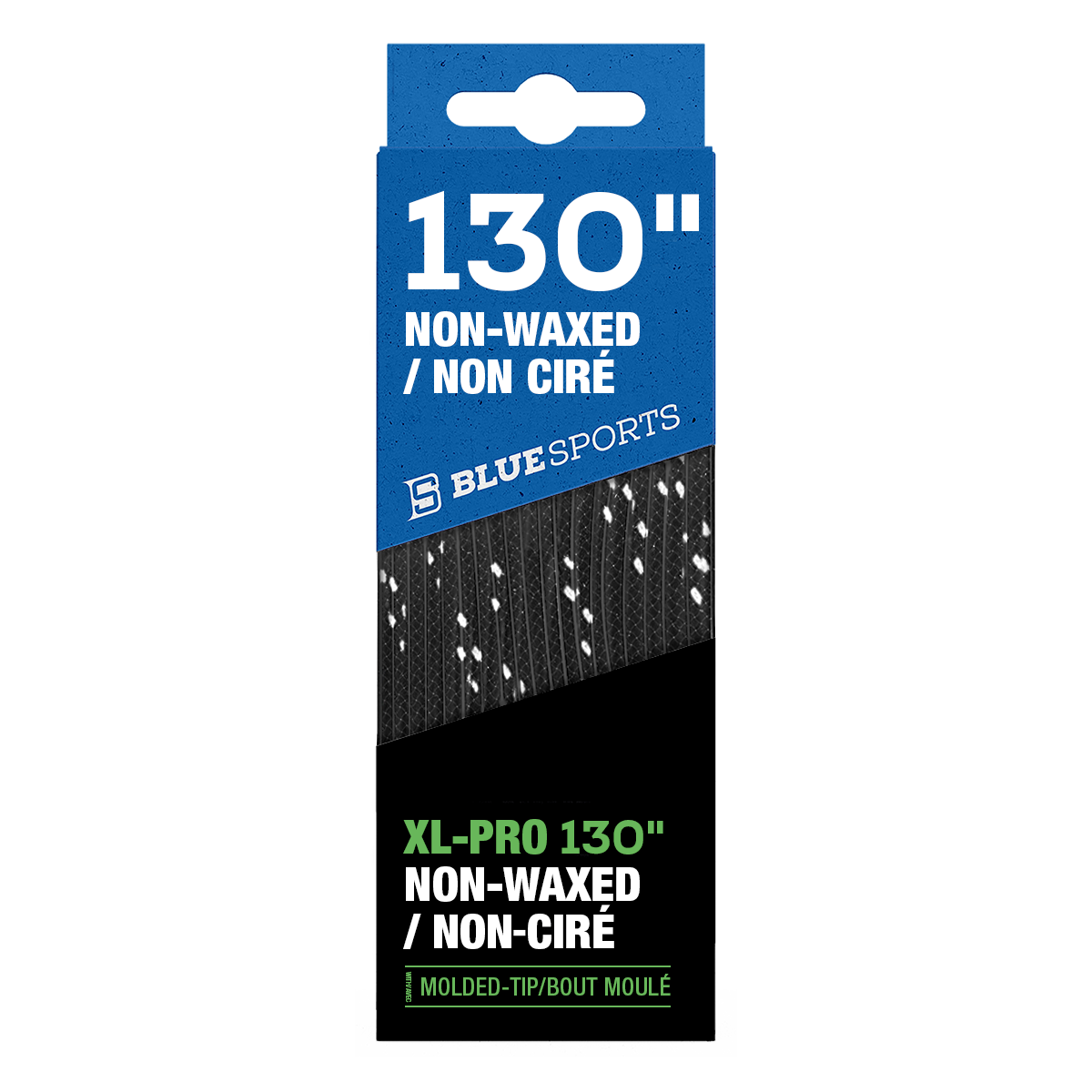 A pair of Blue Sports XL Pro Waxed Hockey Laces in packaging, designed for durable, high-performance skate lacing. Black/White.