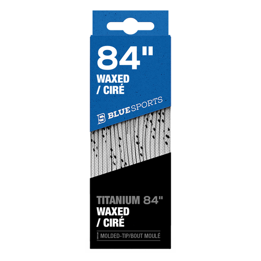 Blue Sports Titanium Waxed Hockey Laces in their retail packaging, designed for elite-level control and durability. White/Black.
