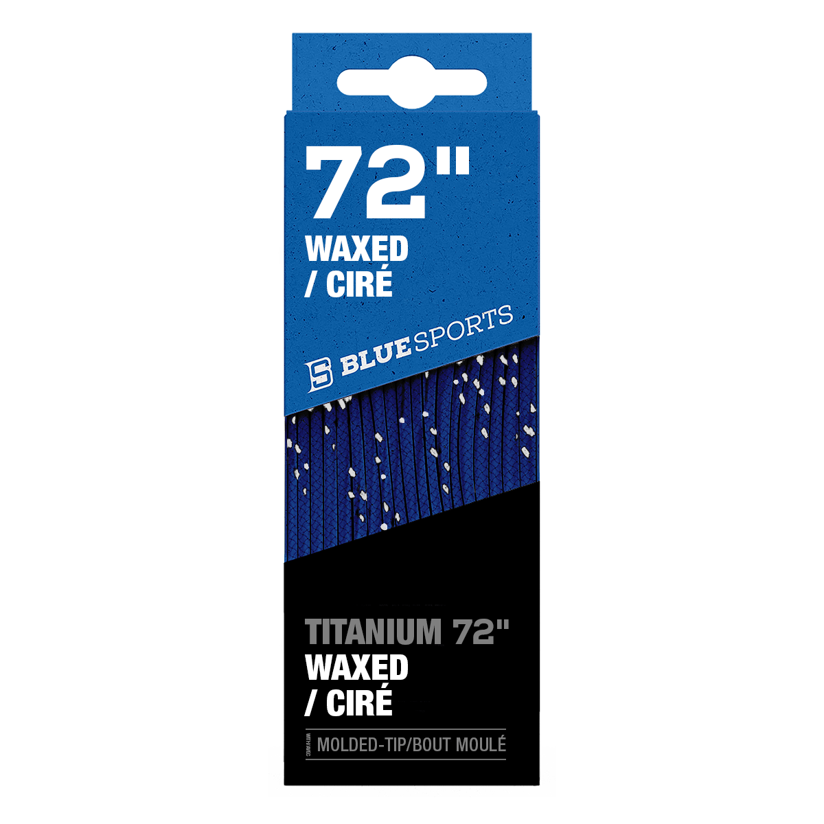 Blue Sports Titanium Waxed Hockey Laces in their retail packaging, designed for elite-level control and durability. Royal/White.