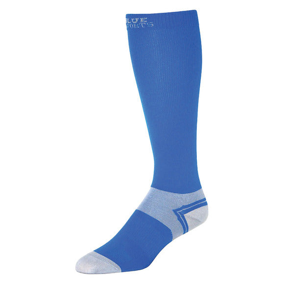 Pair of Royal colored Blue Sports Compression Socks laid flat, showing snug design and arch support for skaters
