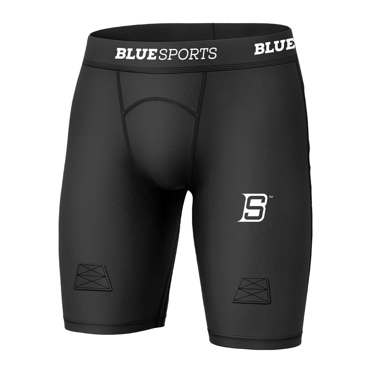 Pair of Black fitted Blue Sports compression shorts with included protective cup for hockey and lacrosse