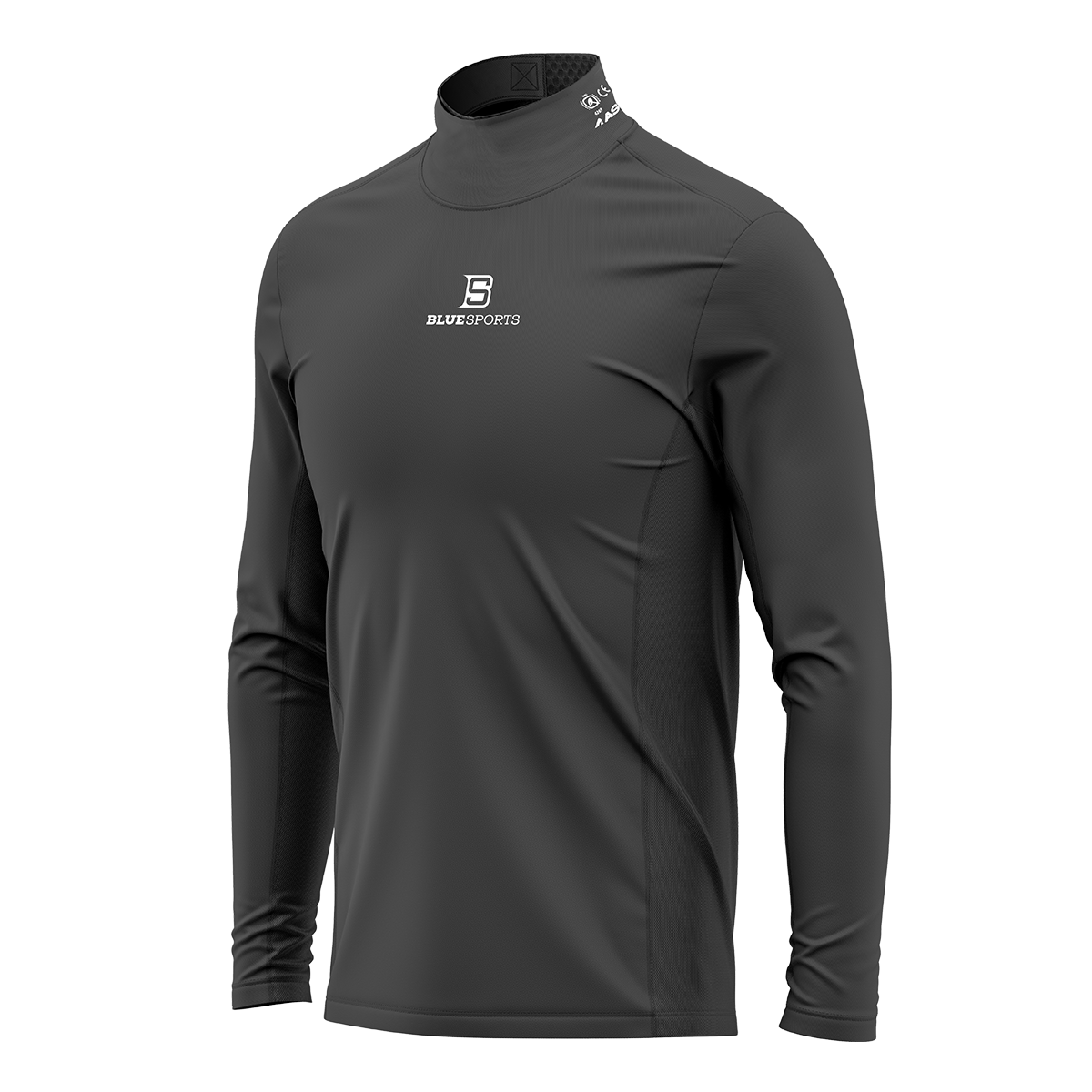 Black long sleeve base layer shirt with integrated BNQ-certified neck guard for hockey players