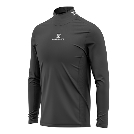 Black long sleeve base layer shirt with integrated BNQ-certified neck guard for hockey players