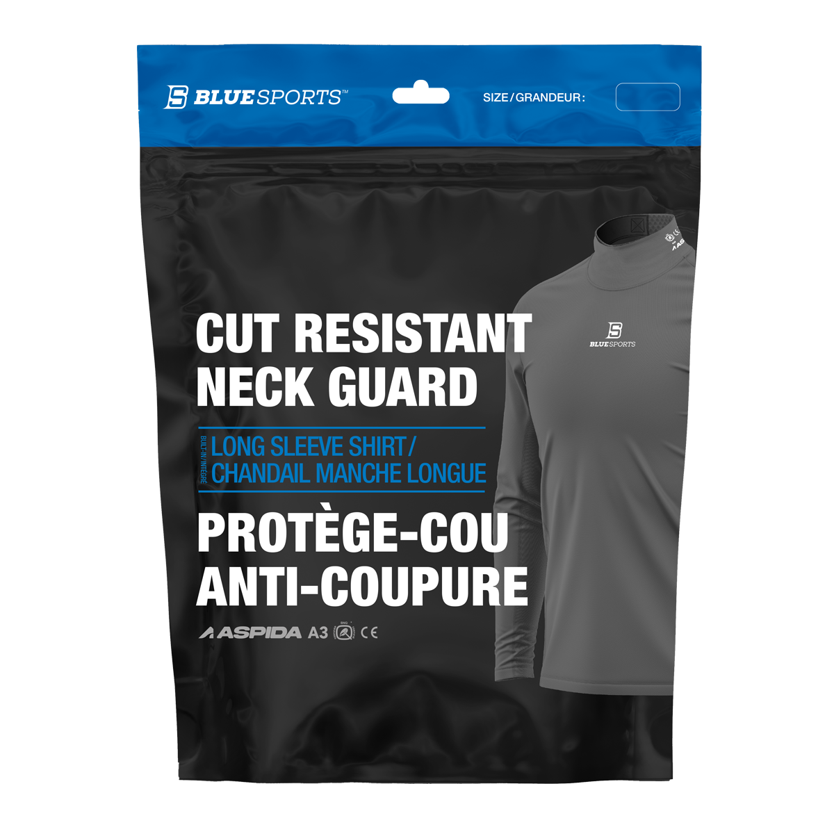 Black long sleeve base layer shirt with integrated BNQ-certified neck guard in packaging for hockey players