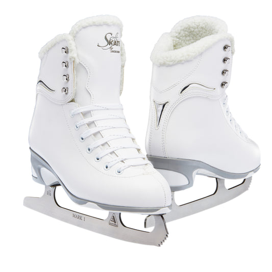 Jackson JS180 white skates with soft white fleece liner and Mark I blade