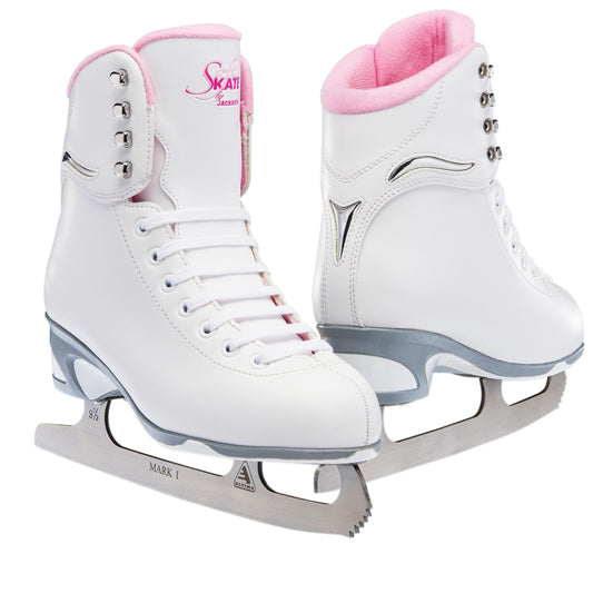 Pink Jackson JS180 SoftSkate women’s white skates with pink lining and Mark I blade