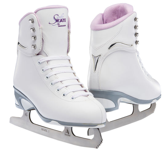 Jackson JS184 Tots SoftSkate toddler white skates with soft purple liner and Mark I blade