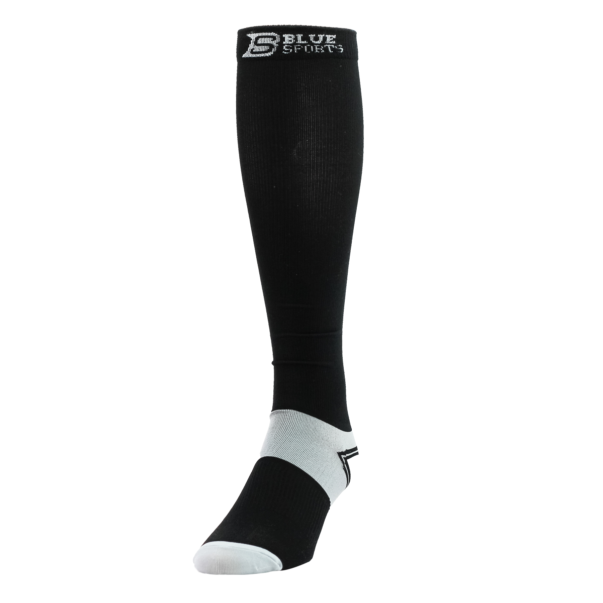 Pair of black Blue Sports Compression Socks laid flat, showing snug design and arch support for skaters.