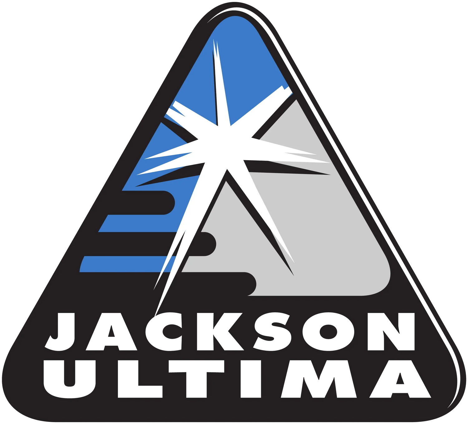 Jackson Ultima logo featuring a stylized white starburst on a black and blue triangular background