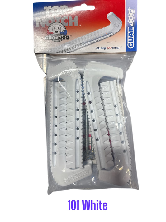 White Hard plastic Centi skate guards in a 2-piece adjustable design for hockey skates