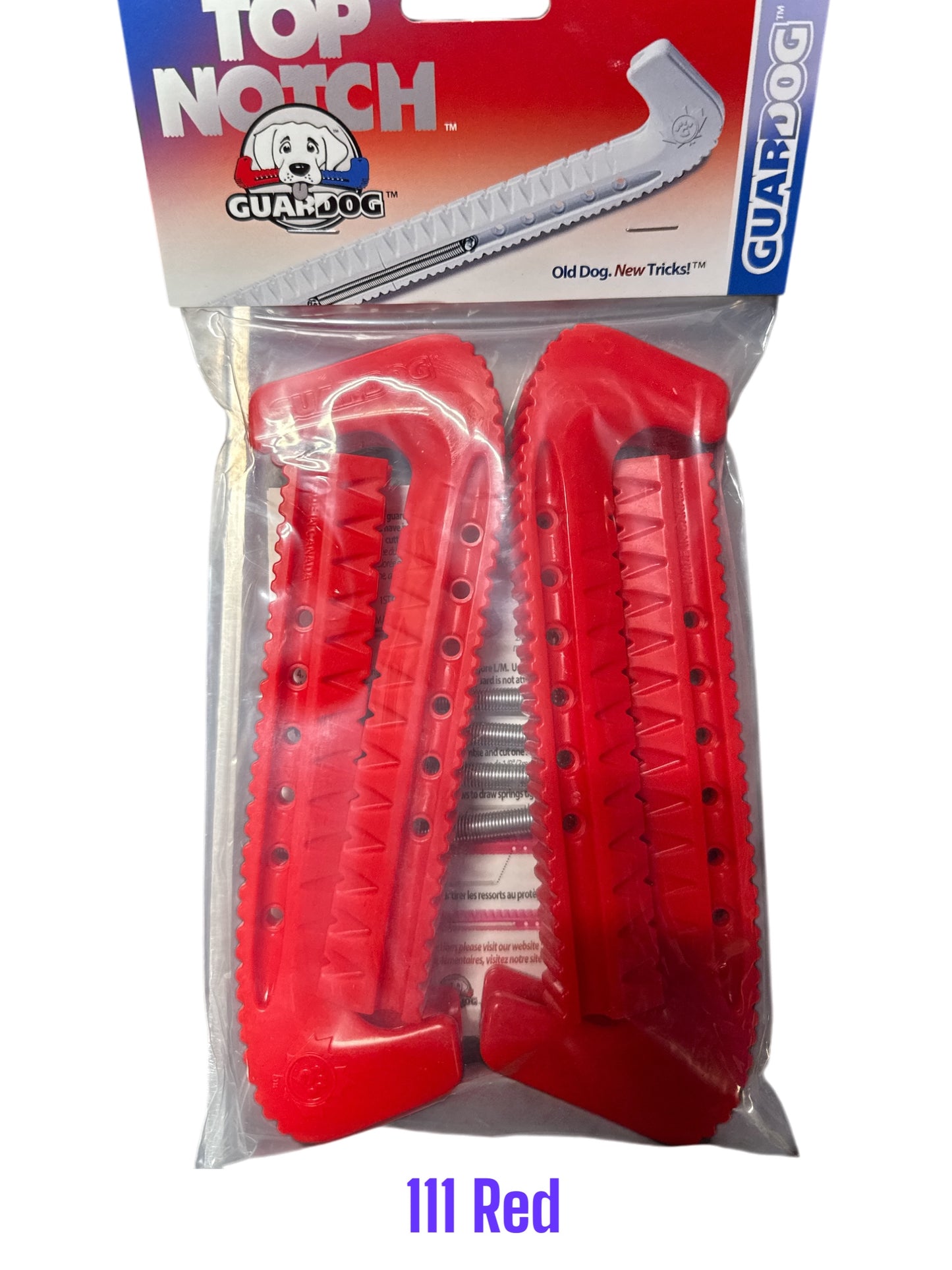Red Hard plastic Centi skate guards in a 2-piece adjustable design for hockey skates