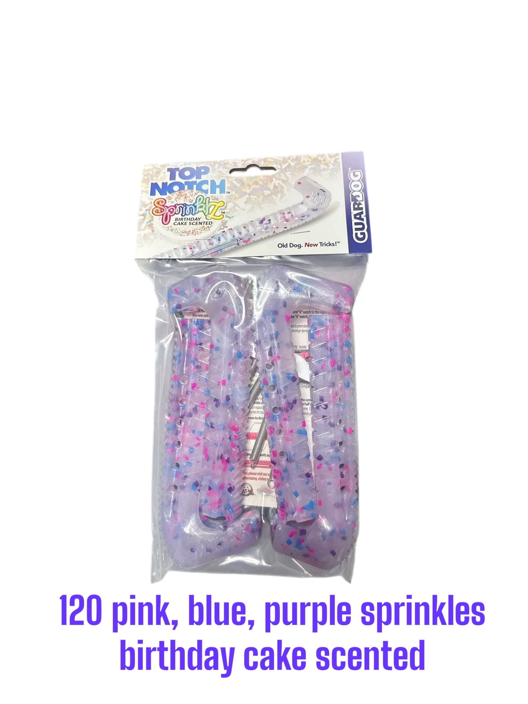 Pink/Blue/Purple Birthday Swirlz Hard plastic Centi skate guards in a 2-piece adjustable design for hockey skates
