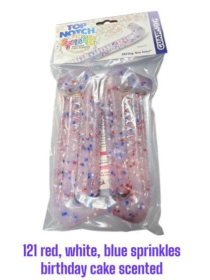 Red/White/Blue Birthday Swirlz Hard plastic Centi skate guards in a 2-piece adjustable design for hockey skates