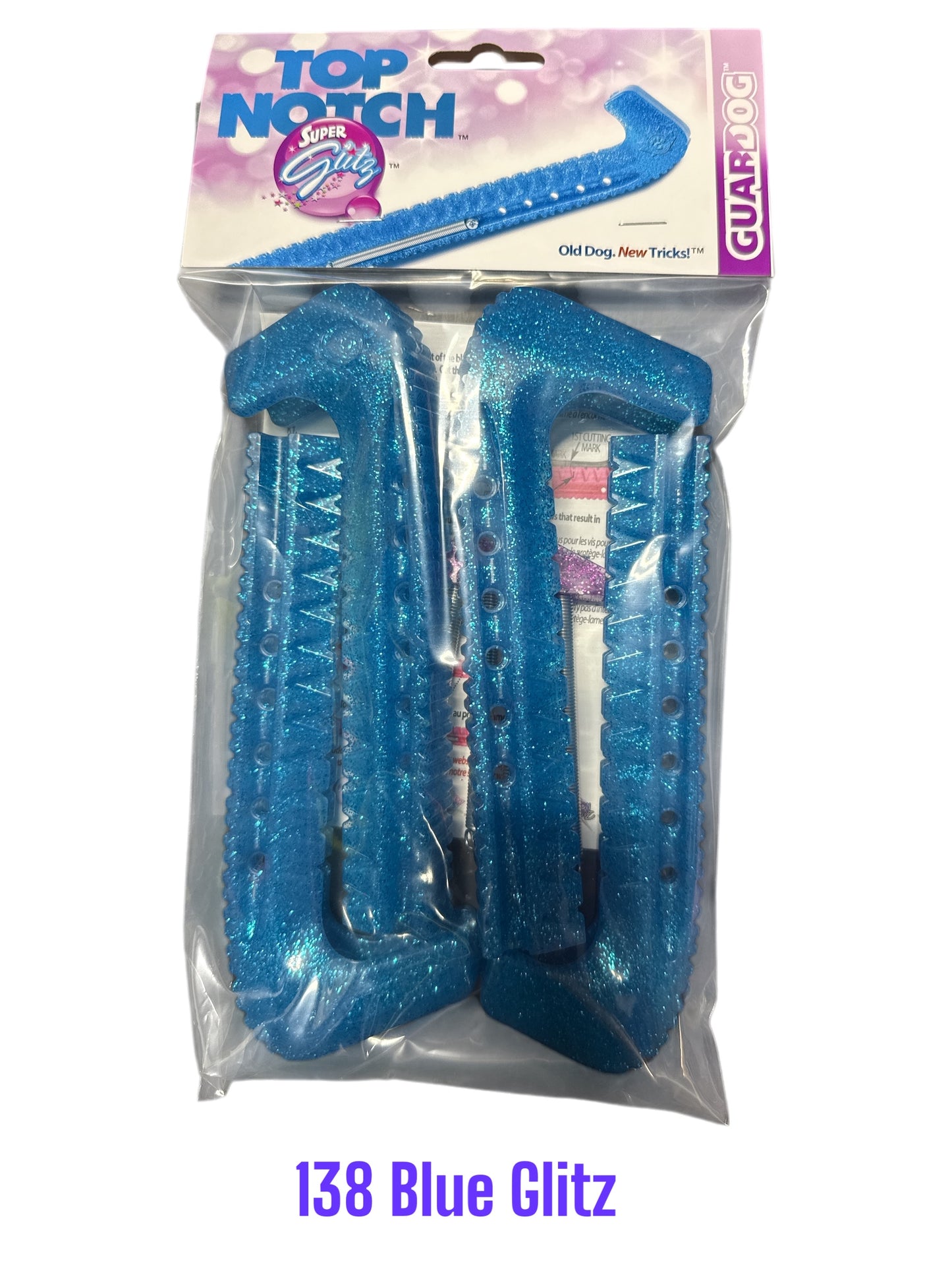 Glitz Blue Hard plastic Centi skate guards in a 2-piece adjustable design for hockey skates