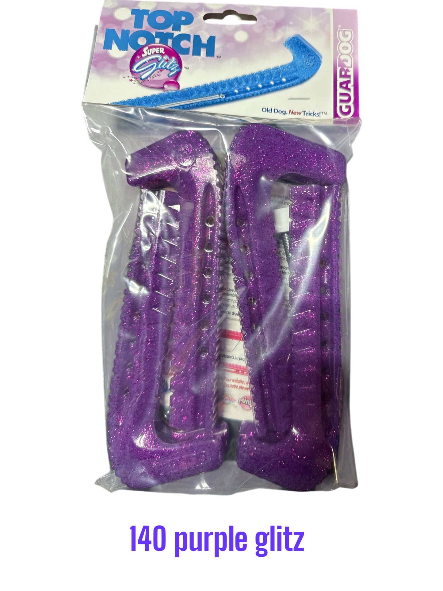 Glitz Purple Hard plastic Centi skate guards in a 2-piece adjustable design for hockey skates