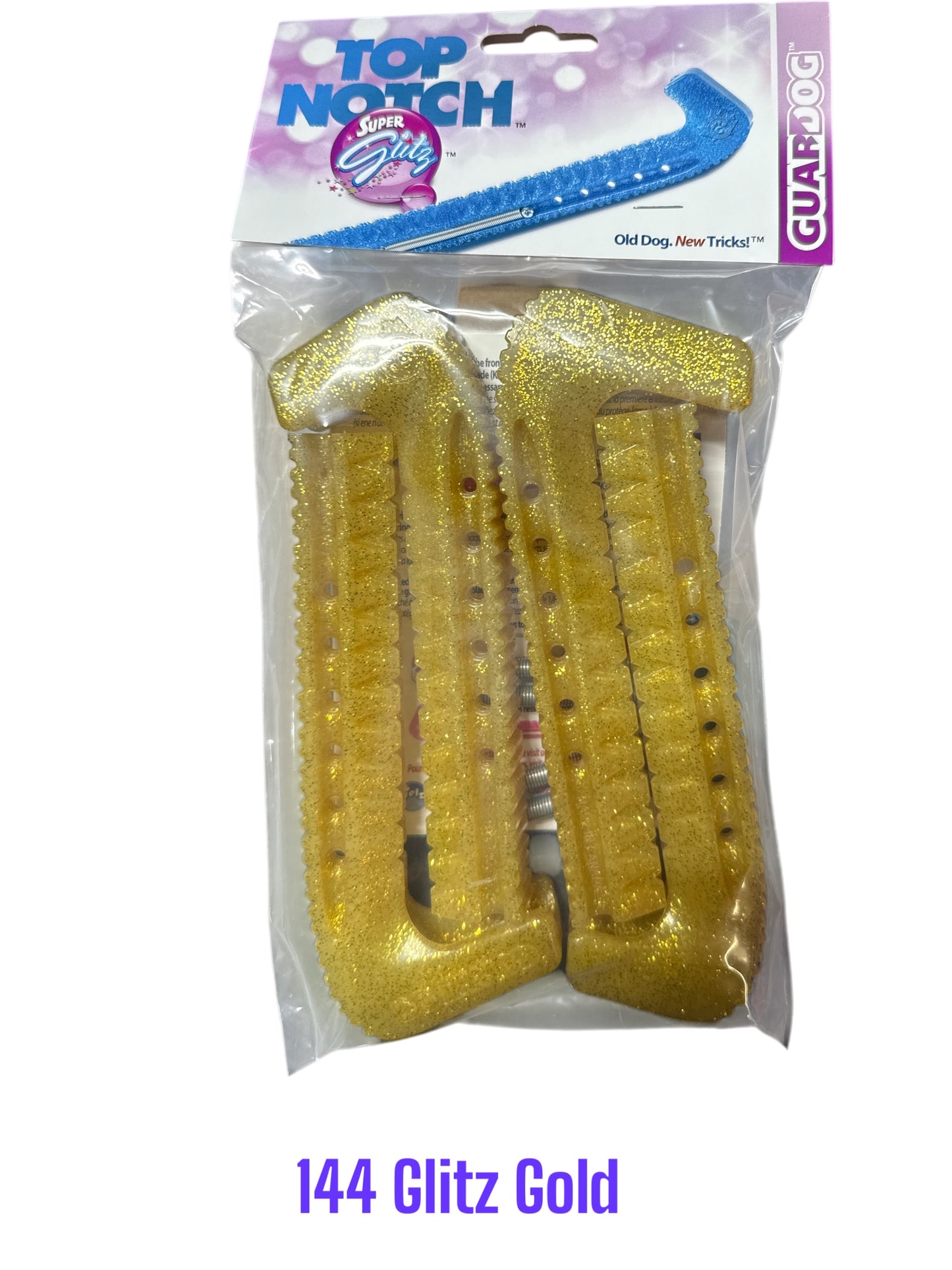Glitz Gold Hard plastic Centi skate guards in a 2-piece adjustable design for hockey skates