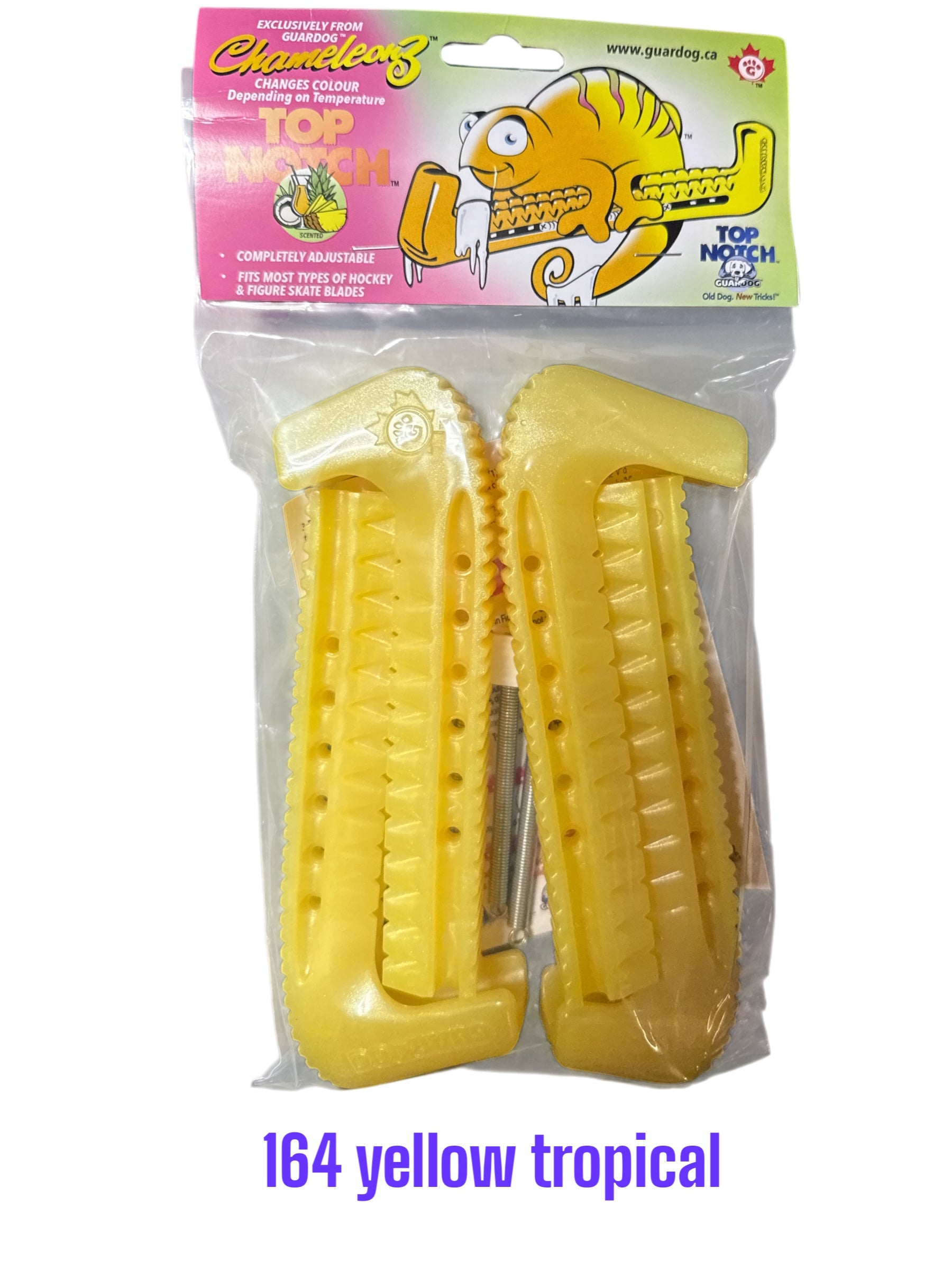 CMZ Tropical Yellow Hard plastic Centi skate guards in a 2-piece adjustable design for hockey skates