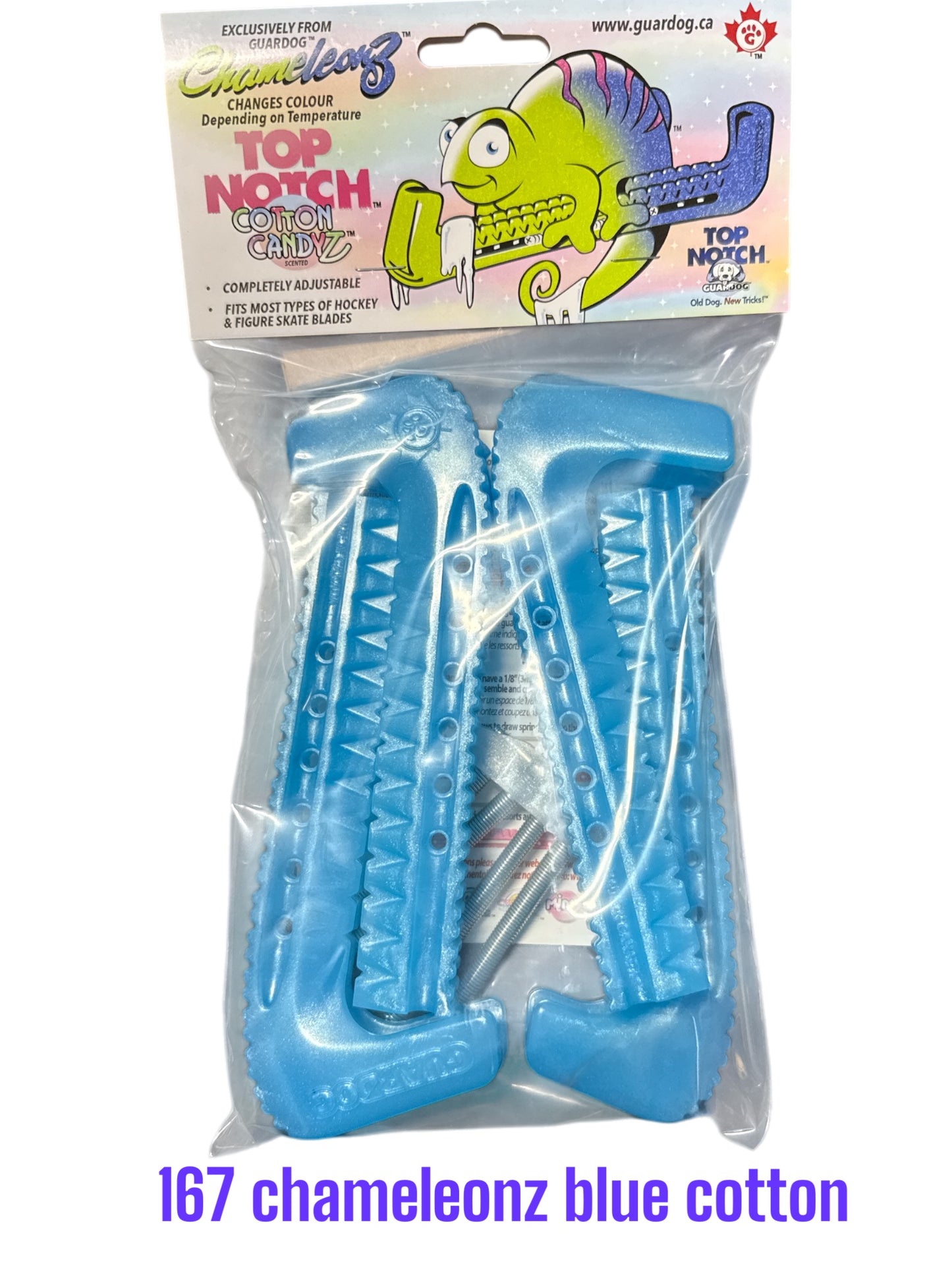 CMZ Blue Cotton Candy Hard plastic Centi skate guards in a 2-piece adjustable design for hockey skates