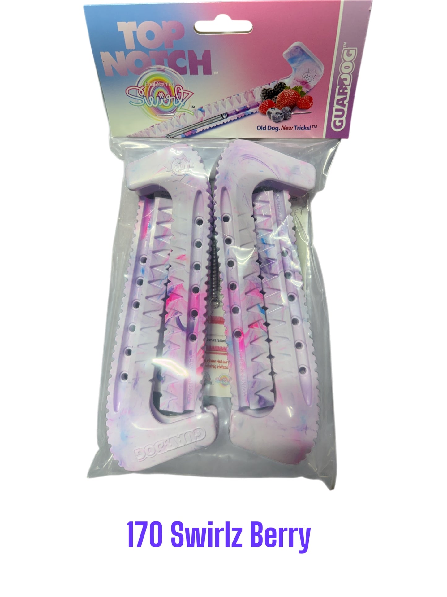 Swirlz Berry Hard plastic Centi skate guards in a 2-piece adjustable design for hockey skates