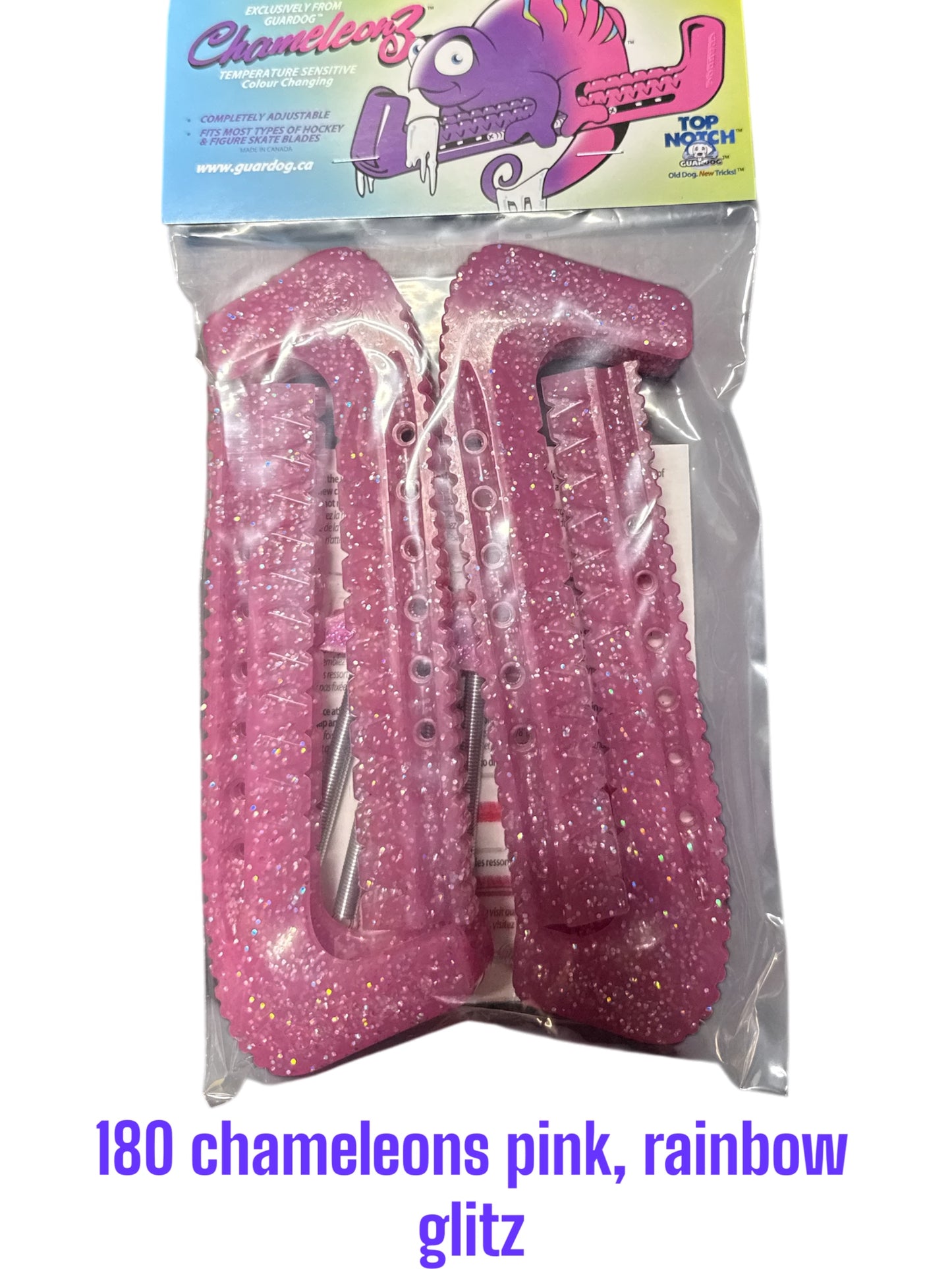 CMZ Pink Rainbow Glitz Hard plastic Centi skate guards in a 2-piece adjustable design for hockey skates