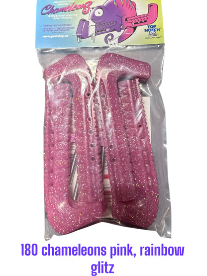CMZ Pink Rainbow Glitz Hard plastic Centi skate guards in a 2-piece adjustable design for hockey skates