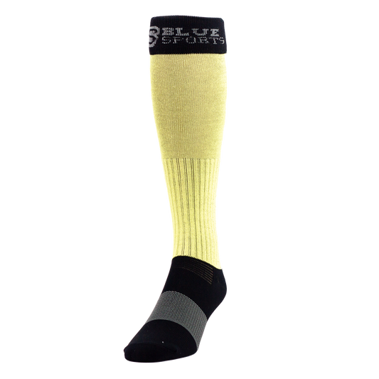 Pair of Blue Sports Pro-Kevlar Socks (color: yellow/black) showing reinforced Kevlar panels and supportive design.