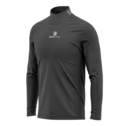 Black long sleeve base layer shirt with integrated BNQ-certified neck guard for hockey players