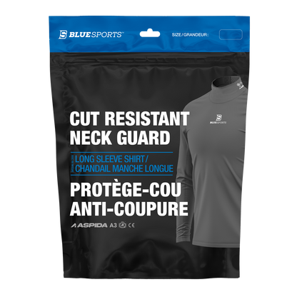 Black long sleeve base layer shirt with integrated BNQ-certified neck guard in packaging for hockey players