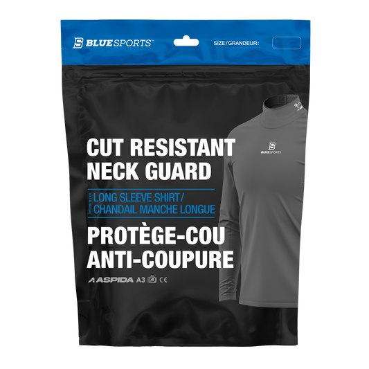 Black long sleeve base layer shirt with integrated BNQ-certified neck guard in packaging for hockey players