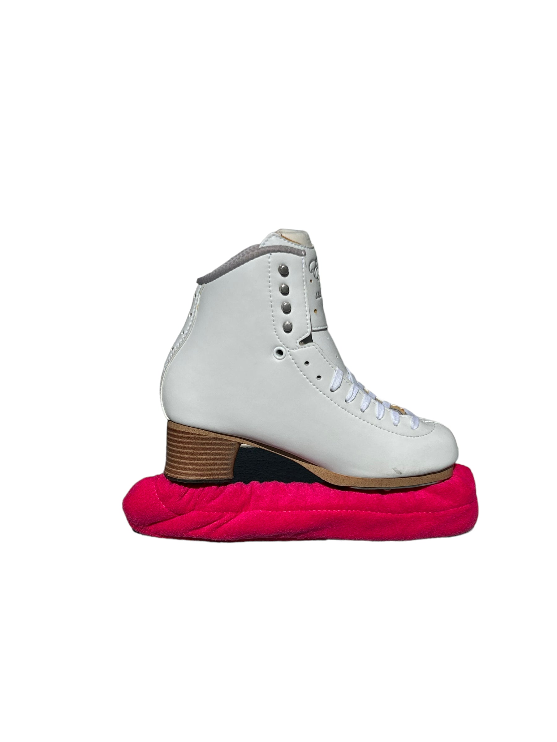 A pair of Skating Eleganza Terry Soakers in soft terry cloth fabric, shown covering skate blades to prevent rust and damage. Hot Pink.